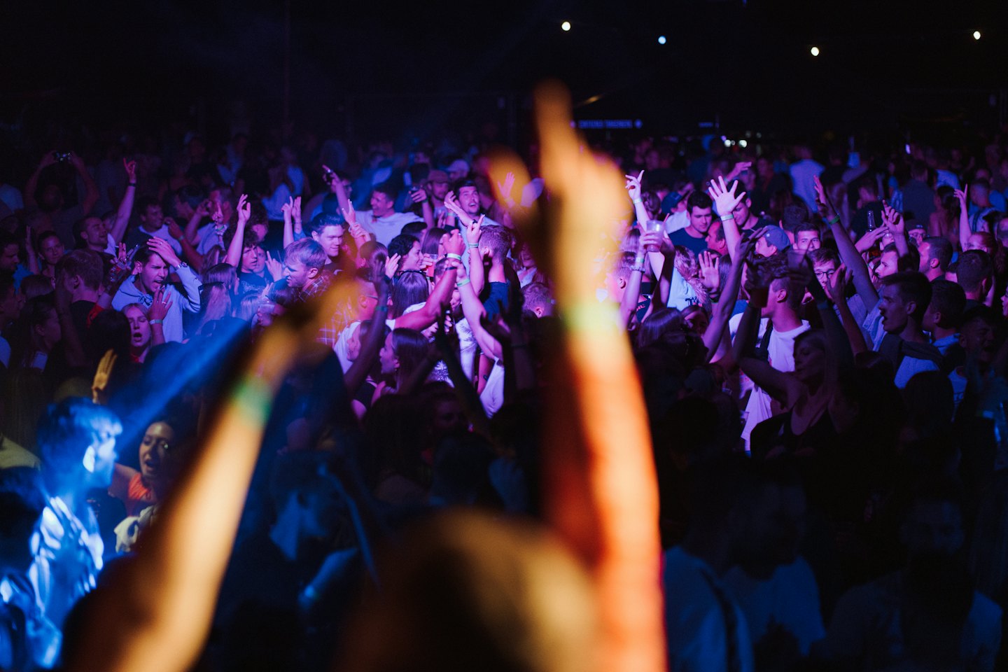 A large crowd cheering with hands raised at a concert.